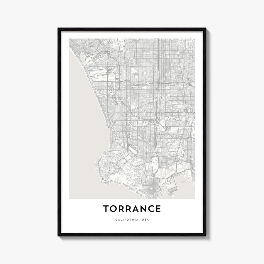 Torrance black & white map poster of California, USA – vertical wall art, unframed print shown in interior mockup