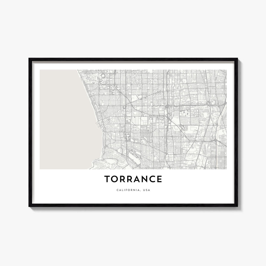 Torrance black & white map poster of California, USA – horizontal wall art, unframed print shown in interior mockup
