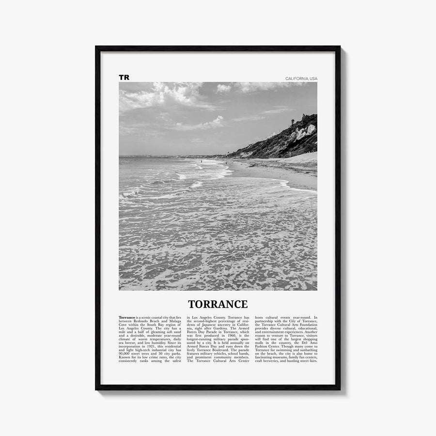 Torrance black & white newspaper poster of California, USA – vertical wall art, unframed print shown in interior mockup
