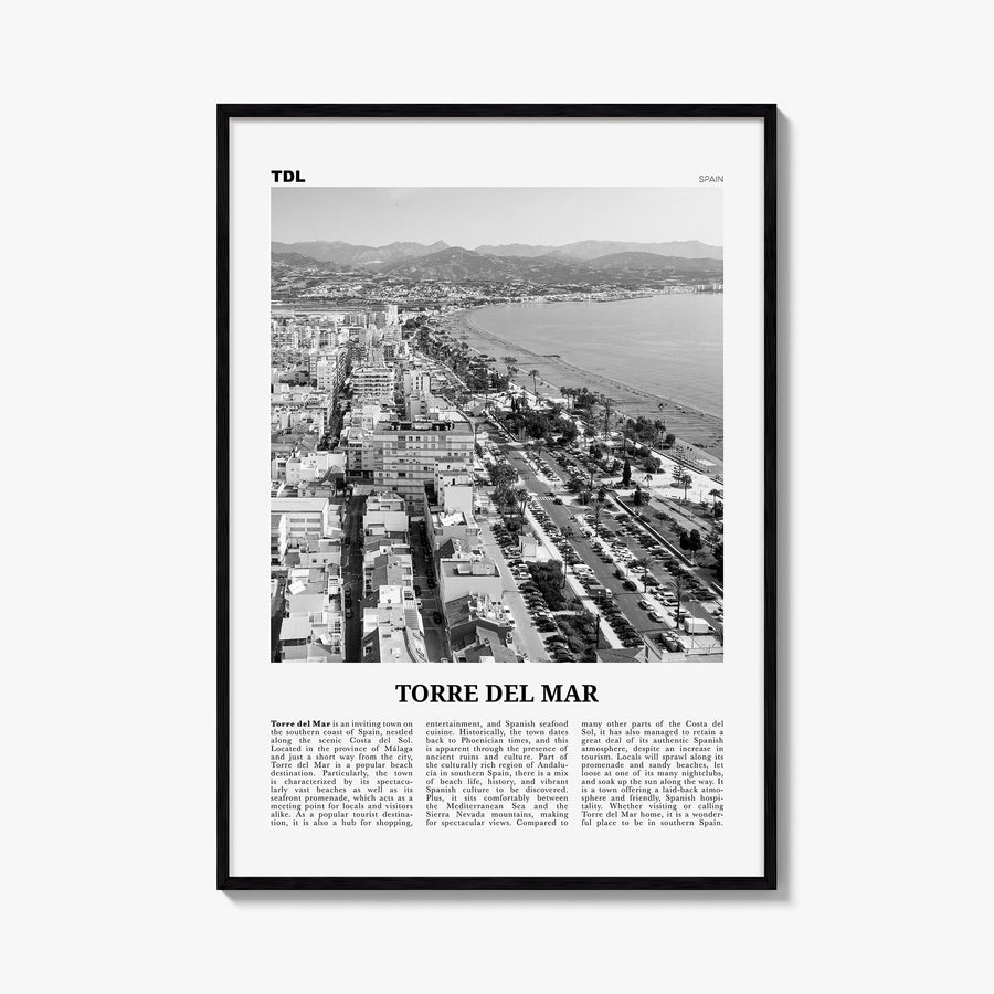 Torre del Mar black & white newspaper poster of Spain – vertical wall art, unframed print shown in interior mockup
