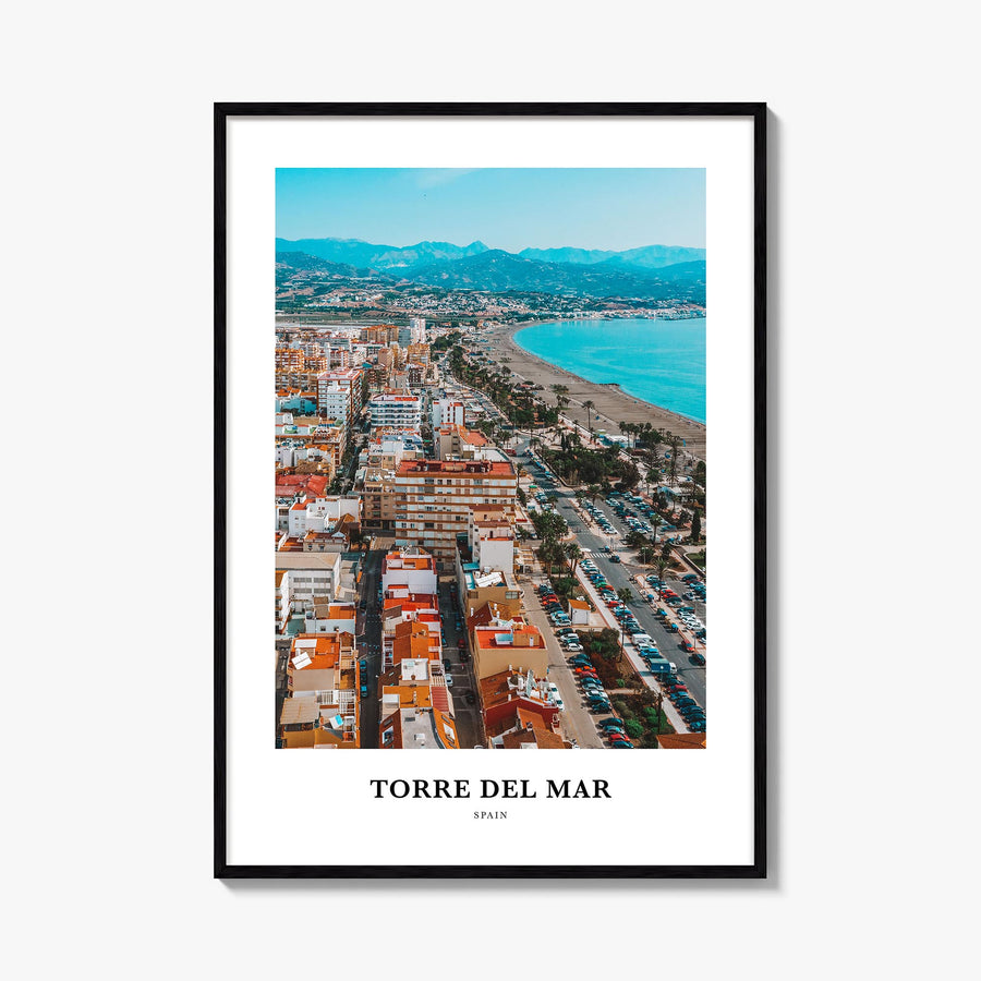 Torre del Mar colorful classic poster of Spain – vertical wall art, unframed print shown in interior mockup
