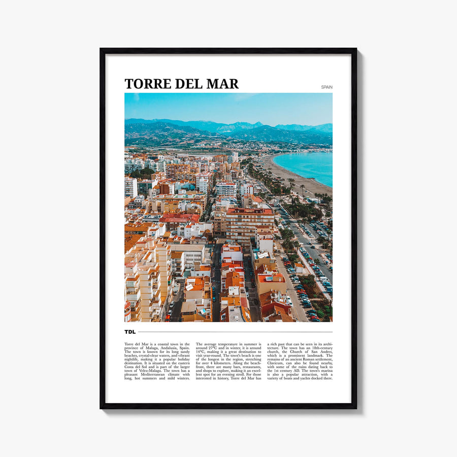 Torre del Mar colorful travel poster of Spain – vertical wall art, unframed print shown in interior mockup