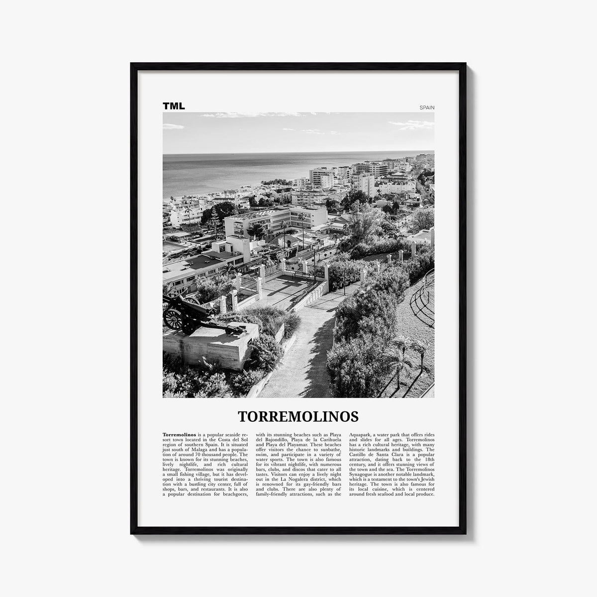 Torremolinos black & white newspaper poster of Spain – vertical wall art, unframed print shown in interior mockup