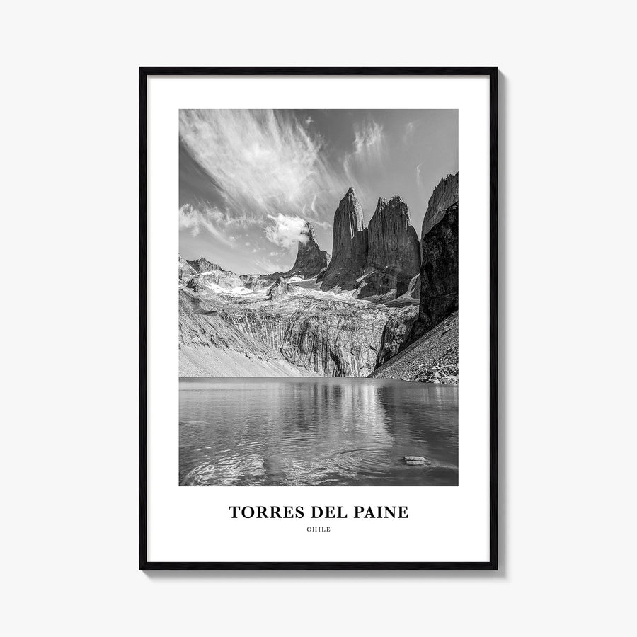 Torres del Paine black & white classic poster of Chile – vertical wall art, unframed print shown in interior mockup