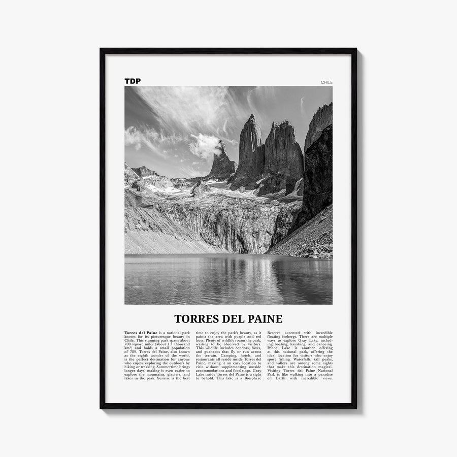Torres del Paine black & white newspaper poster of Chile – vertical wall art, unframed print shown in interior mockup