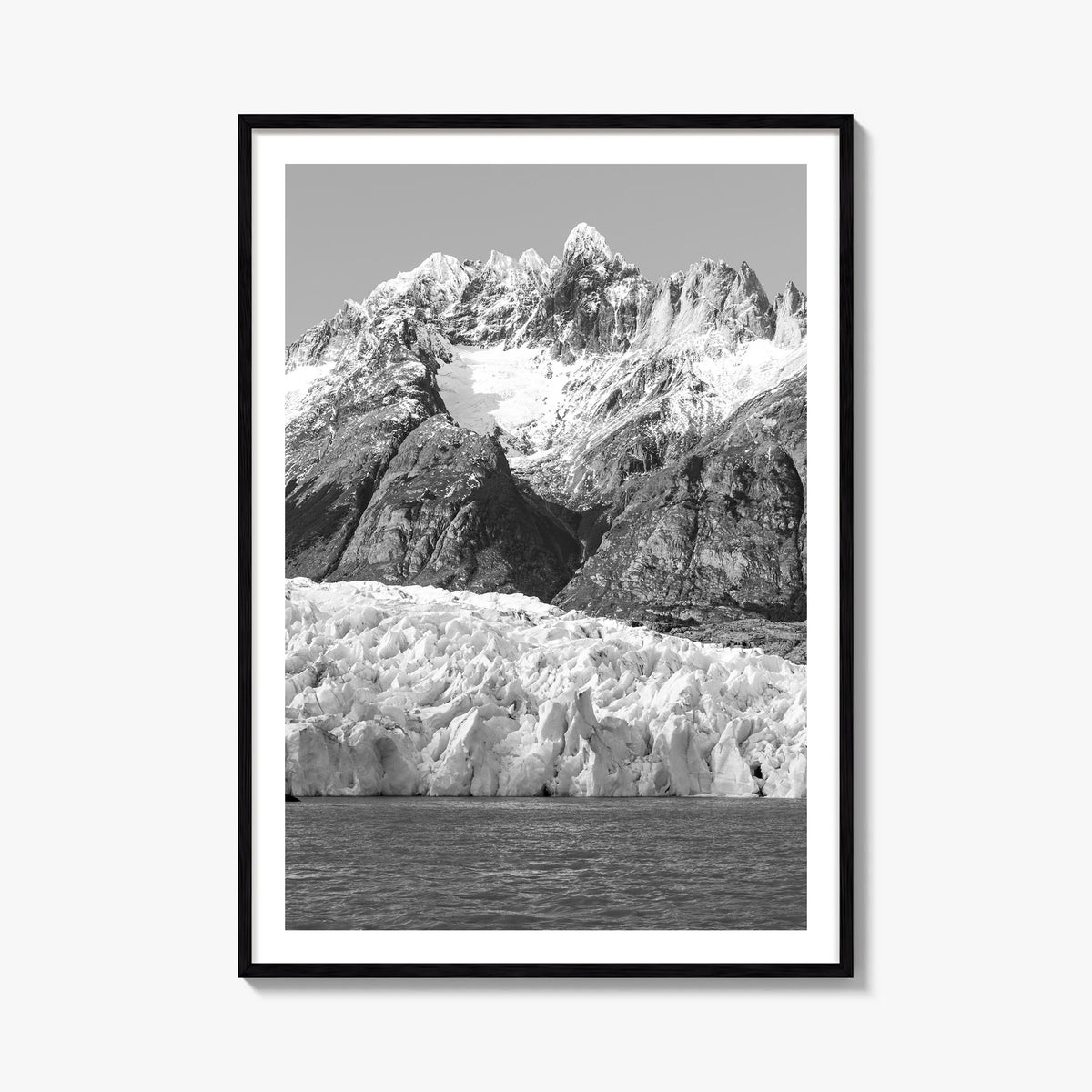 Torres del Paine black & white photo poster of Chile – vertical wall art, unframed print shown in interior mockup