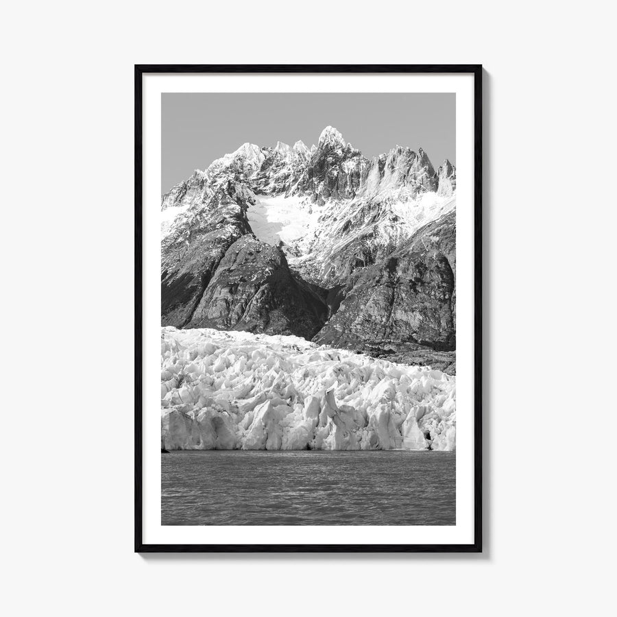 Torres del Paine black & white photo poster of Chile – vertical wall art, unframed print shown in interior mockup