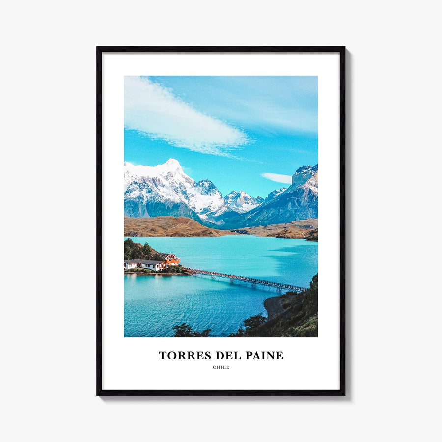 Torres del Paine colorful classic poster of Chile – vertical wall art, unframed print shown in interior mockup