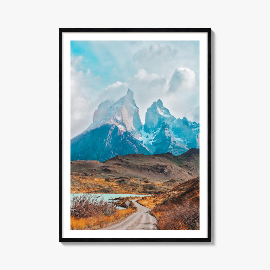 Torres del Paine colorful photo poster of Chile – vertical wall art, unframed print shown in interior mockup