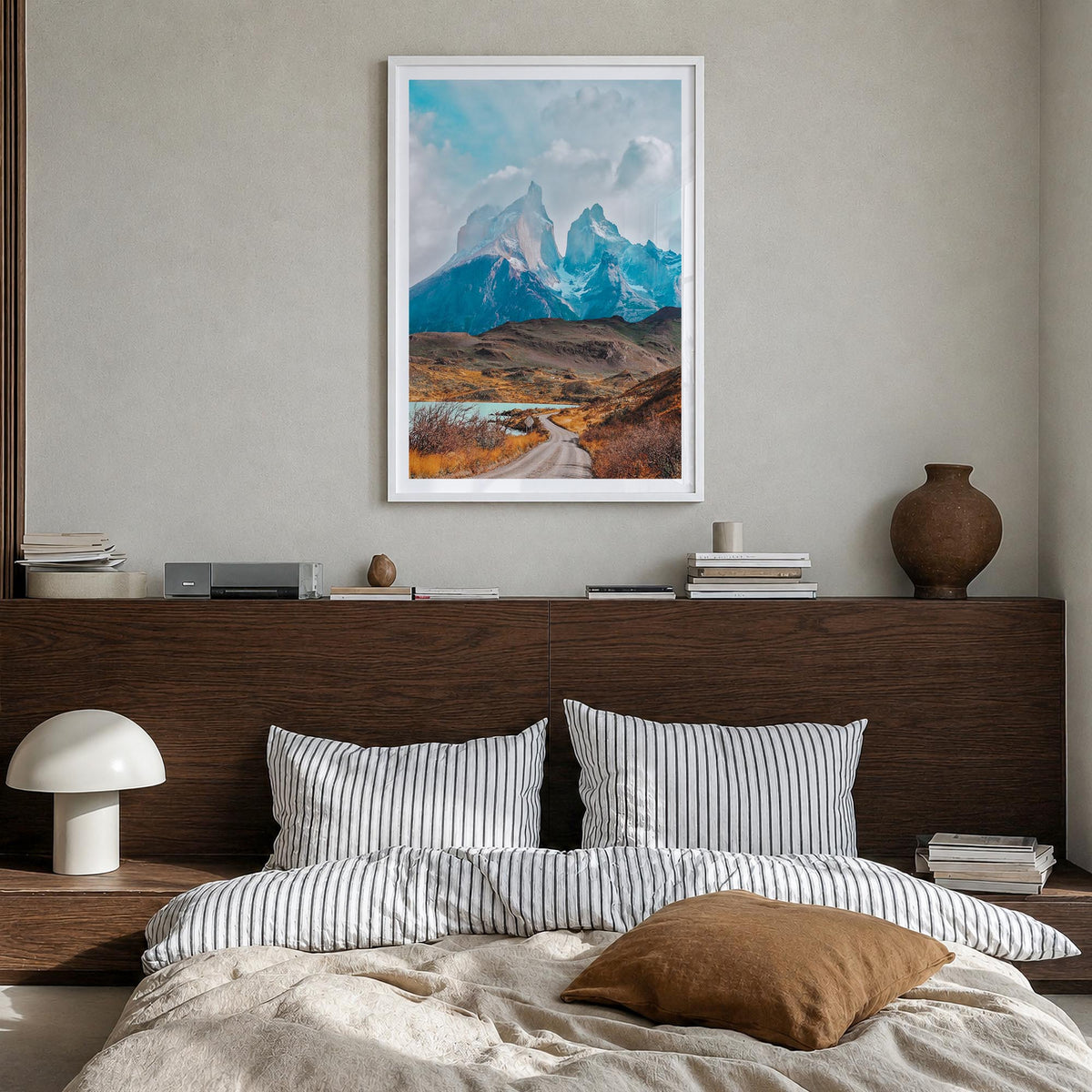 Torres del Paine colorful photo poster of Chile – vertical wall art in white wood frame with white border, hanging on wall