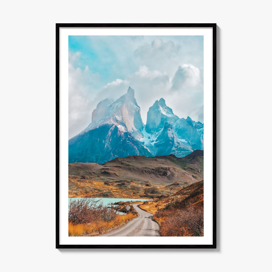 Torres del Paine Photo Poster, framed poster mockup, white border