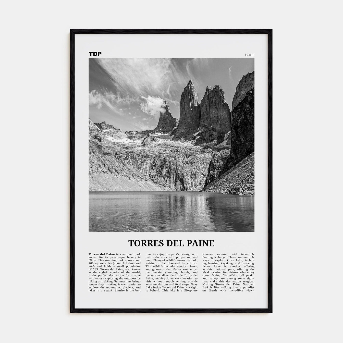 Torres del Paine Poster Black Wood / 8x12 in Nbourhood Travel B&W Poster