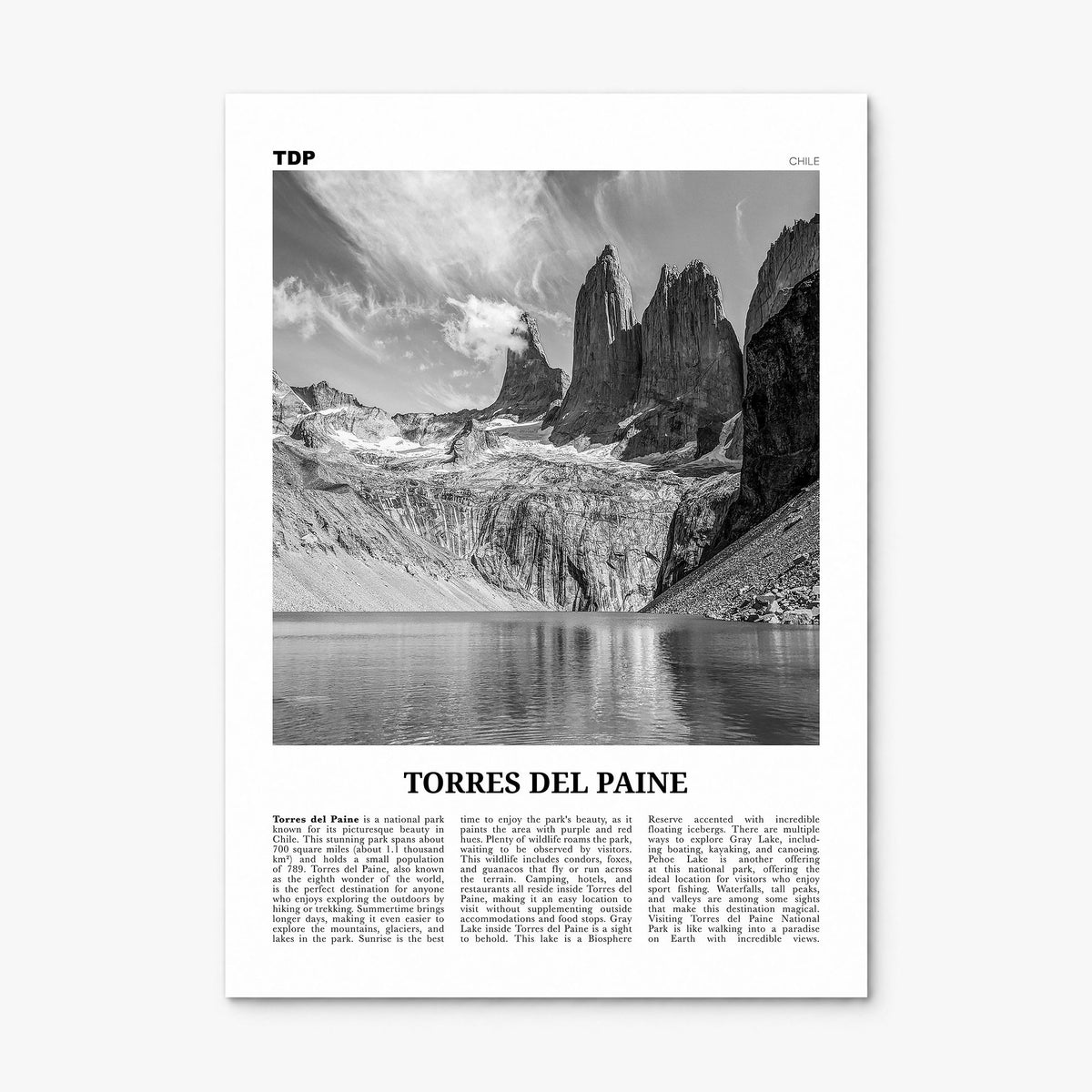 Torres del Paine Newspaper Poster, print only (unframed)