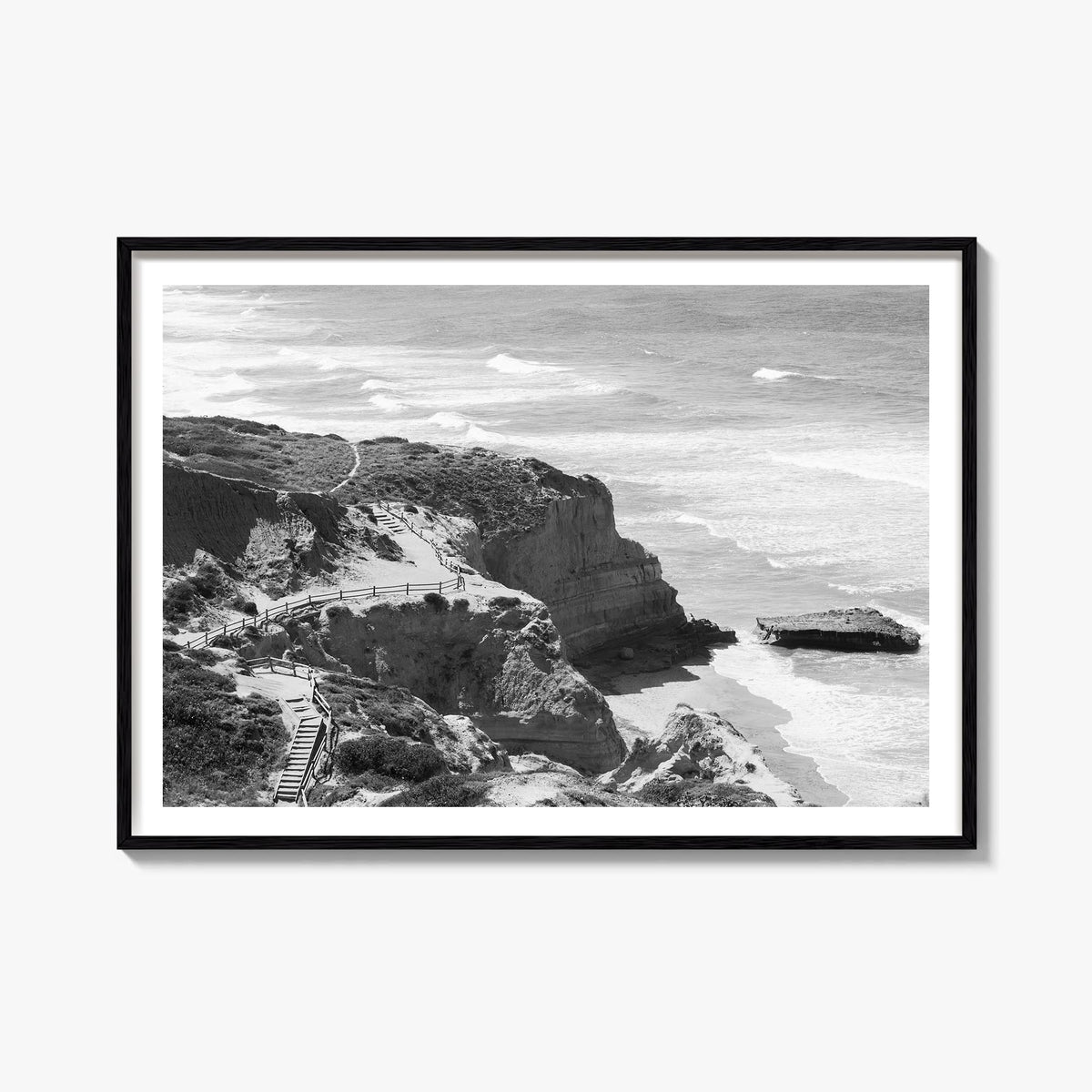 Torrey Pines black & white photo poster of San Diego, California – horizontal wall art, unframed print shown in interior mock