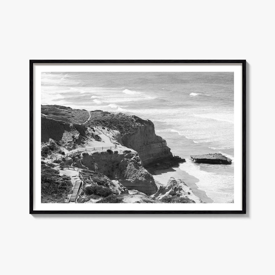 Torrey Pines black & white photo poster of San Diego, California – horizontal wall art, unframed print shown in interior mock