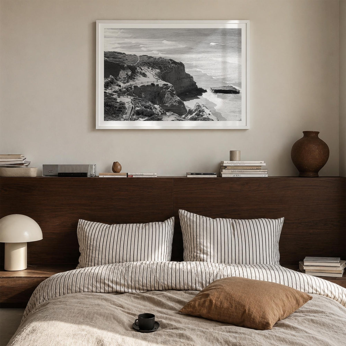 Torrey Pines black & white photo poster of San Diego, California – horizontal wall art in white wood frame with white border,