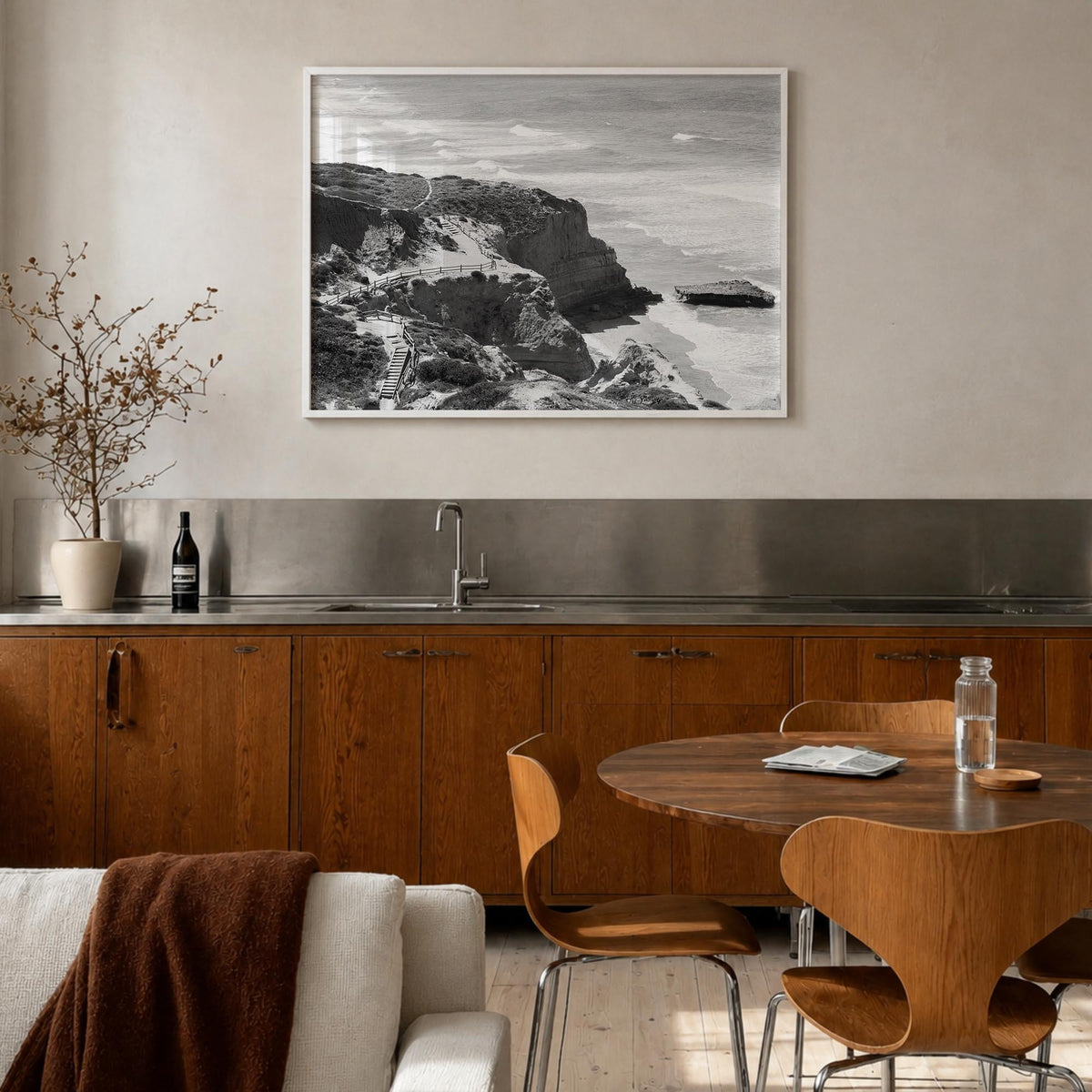 Torrey Pines black & white photo poster of San Diego, California – horizontal wall art in white wood frame, hanging on wall