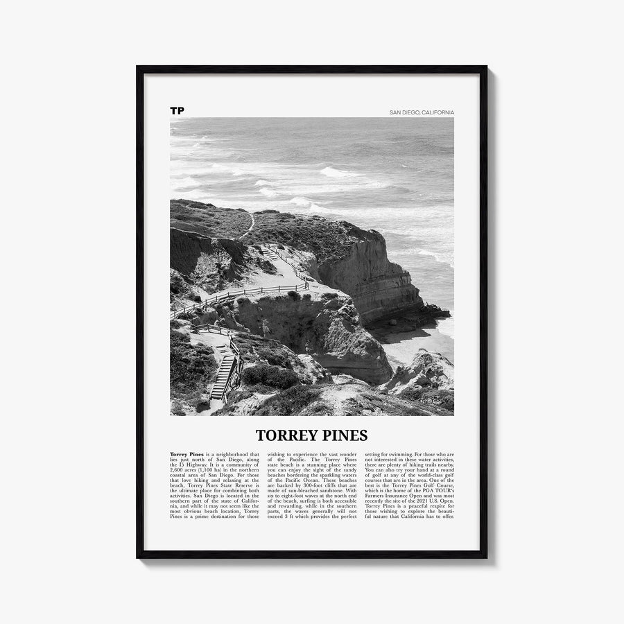 Torrey Pines no. 1 black & white newspaper poster of San Diego, California – vertical wall art, unframed print shown in inter