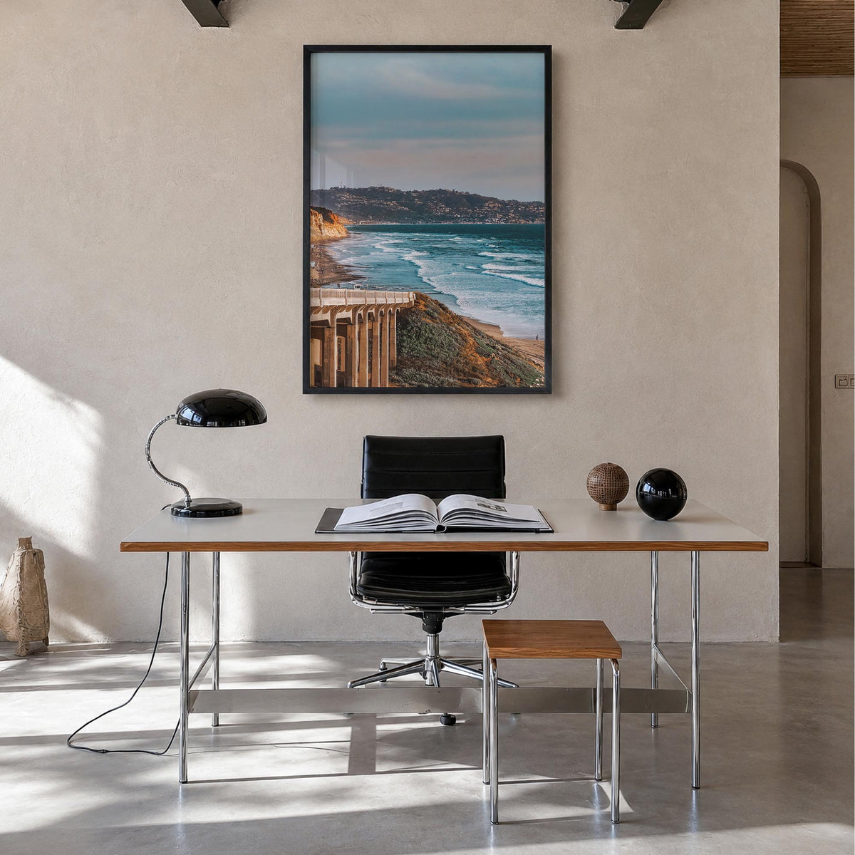 Torrey Pines no. 1 colorful photo poster of San Diego, California – vertical wall art in black wood frame, hanging on wall