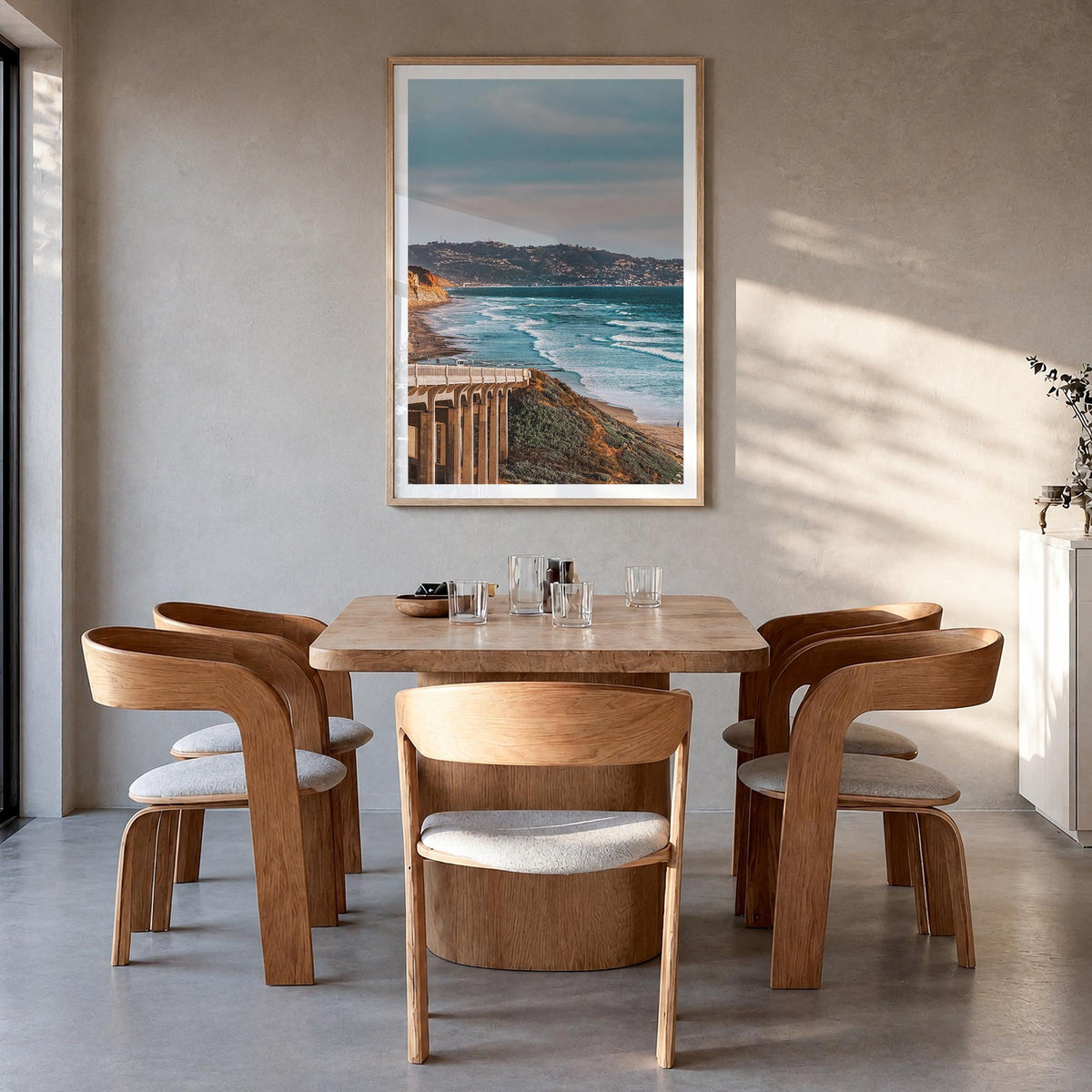 Torrey Pines no. 1 colorful photo poster of San Diego, California – vertical wall art in natural wood frame with white border