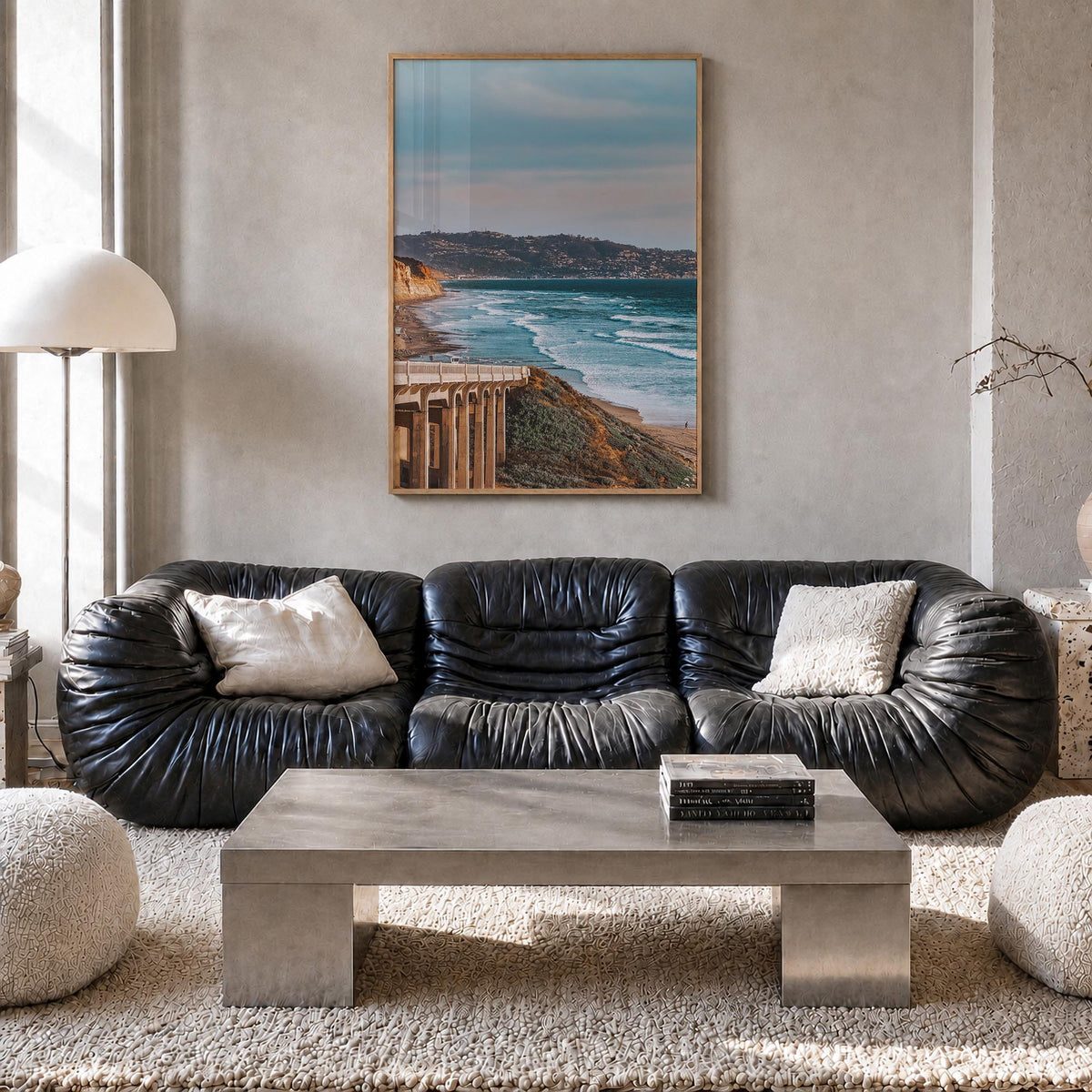 Torrey Pines no. 1 colorful photo poster of San Diego, California – vertical wall art in natural wood frame, hanging on wall