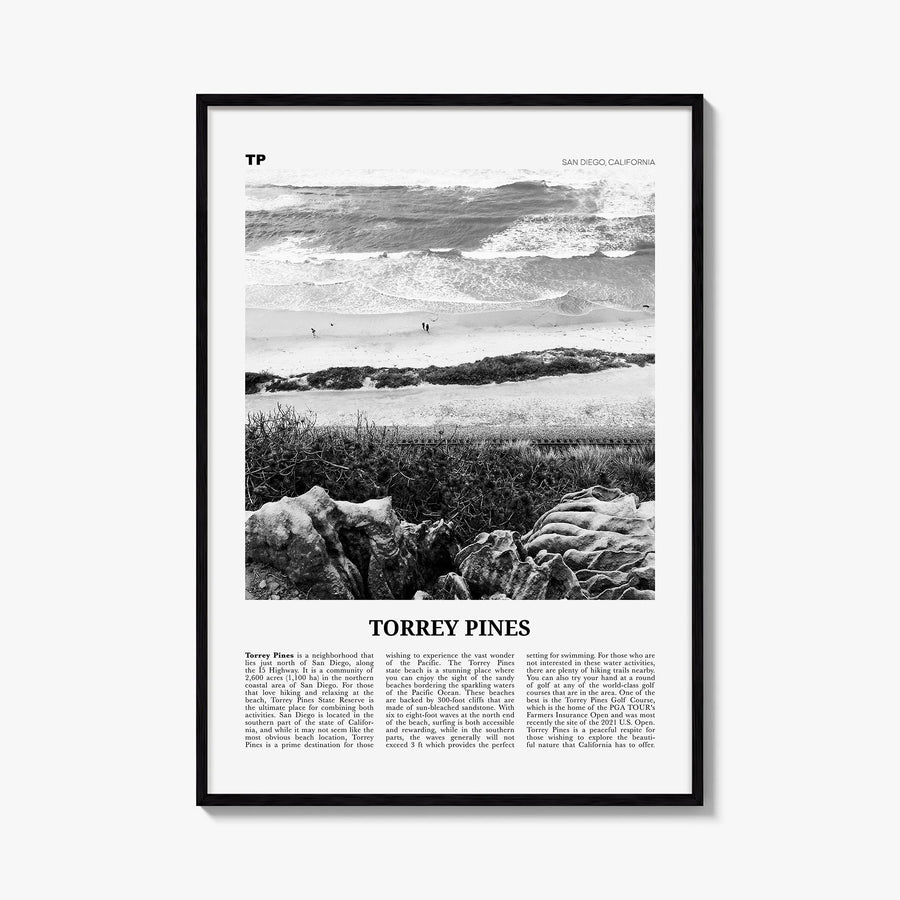 Torrey Pines no. 2 black & white newspaper poster of San Diego, California – vertical wall art, unframed print shown in inter