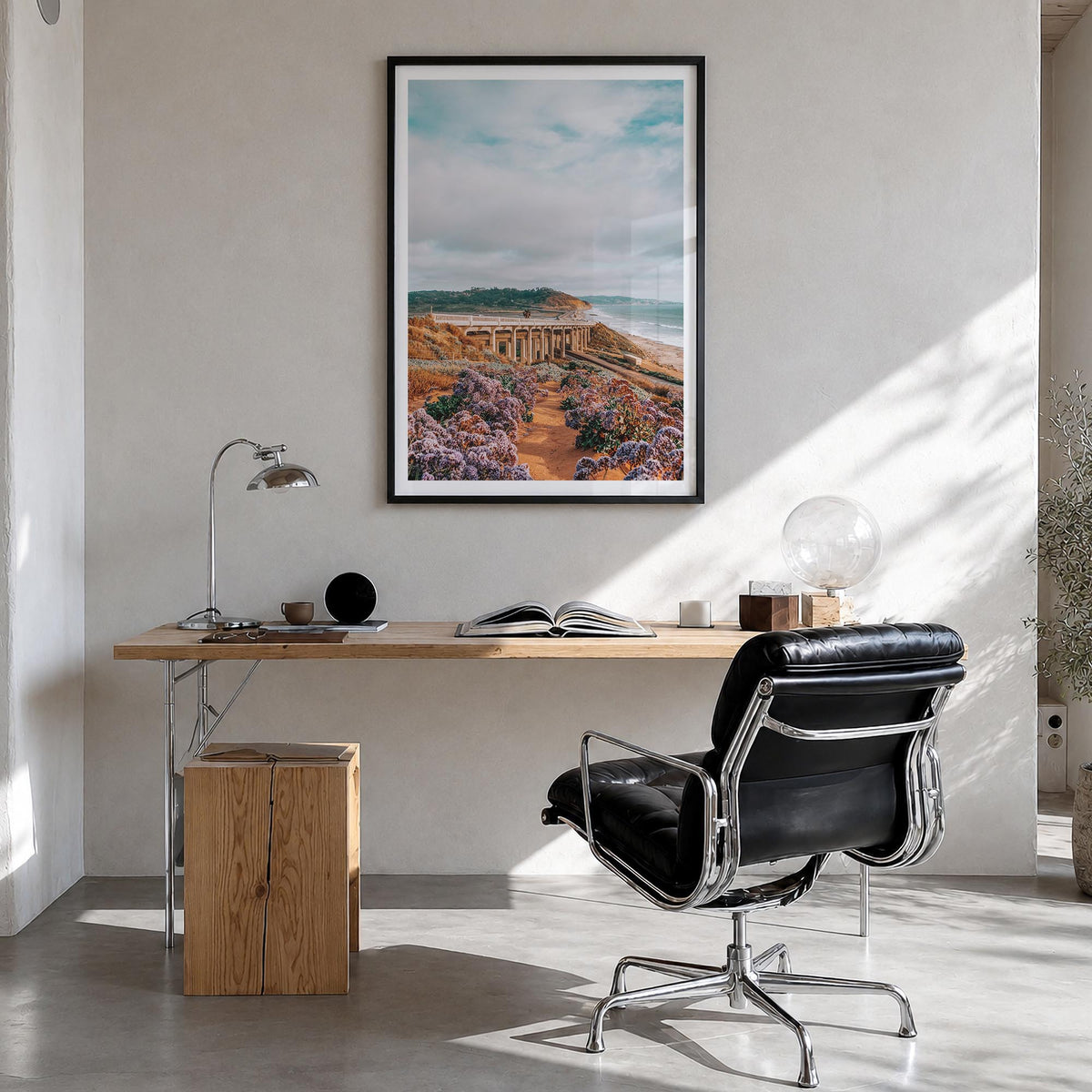 Torrey Pines no. 2 colorful photo poster of San Diego, California – vertical wall art in black wood frame with white border, 