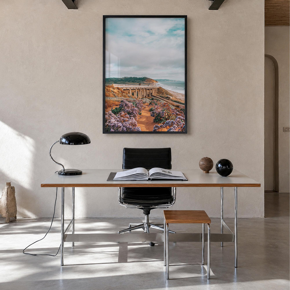 Torrey Pines no. 2 colorful photo poster of San Diego, California – vertical wall art in black wood frame, hanging on wall