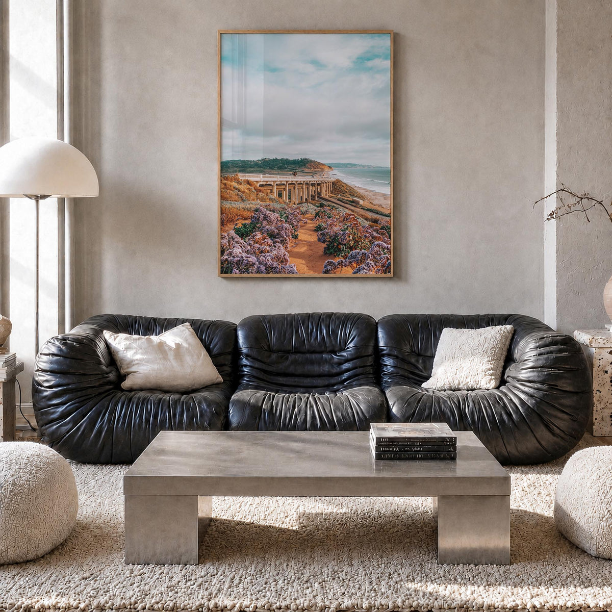 Torrey Pines no. 2 colorful photo poster of San Diego, California – vertical wall art in natural wood frame, hanging on wall