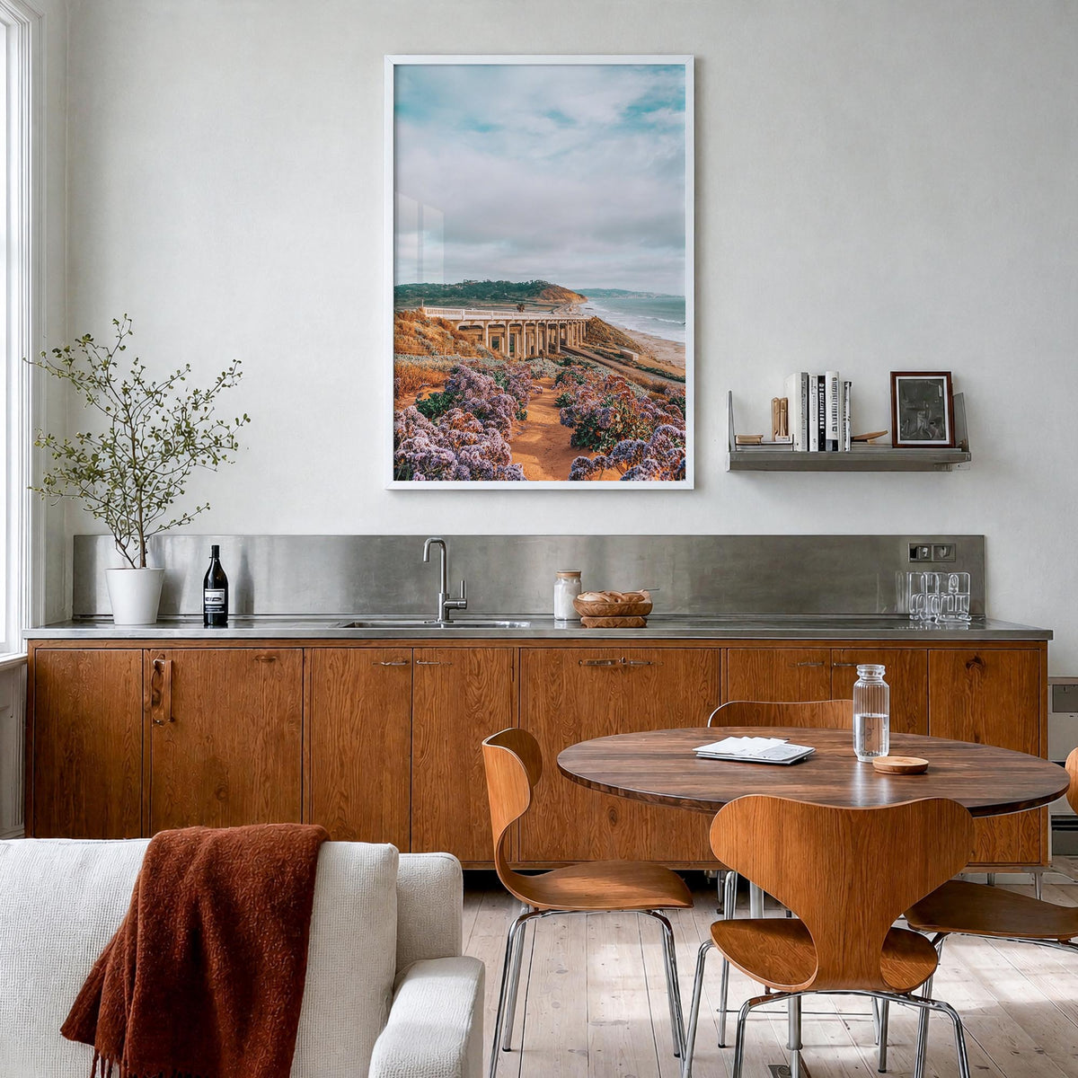 Torrey Pines no. 2 colorful photo poster of San Diego, California – vertical wall art in white wood frame, hanging on wall