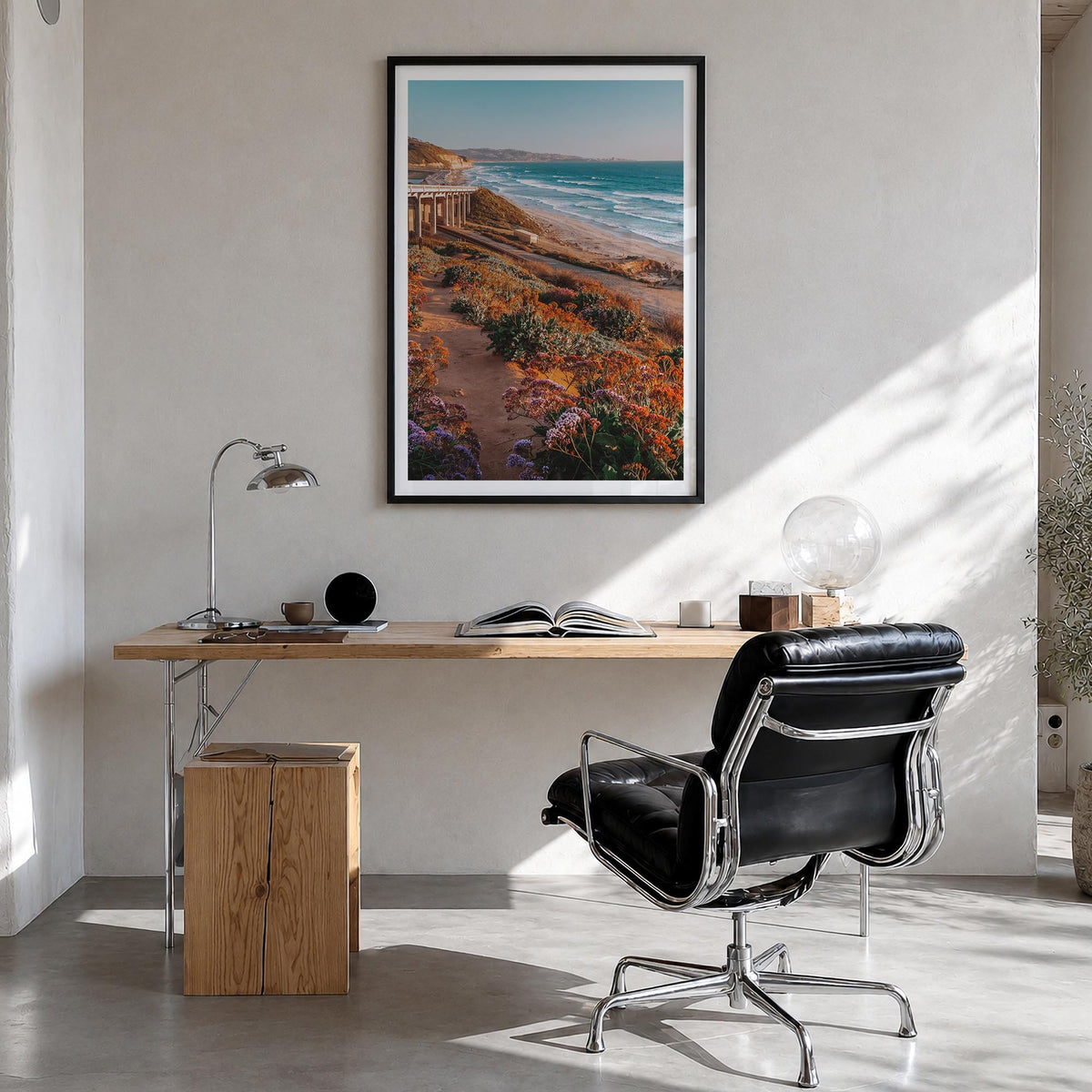 Torrey Pines no. 3 colorful photo poster of San Diego, California – vertical wall art in black wood frame with white border, 