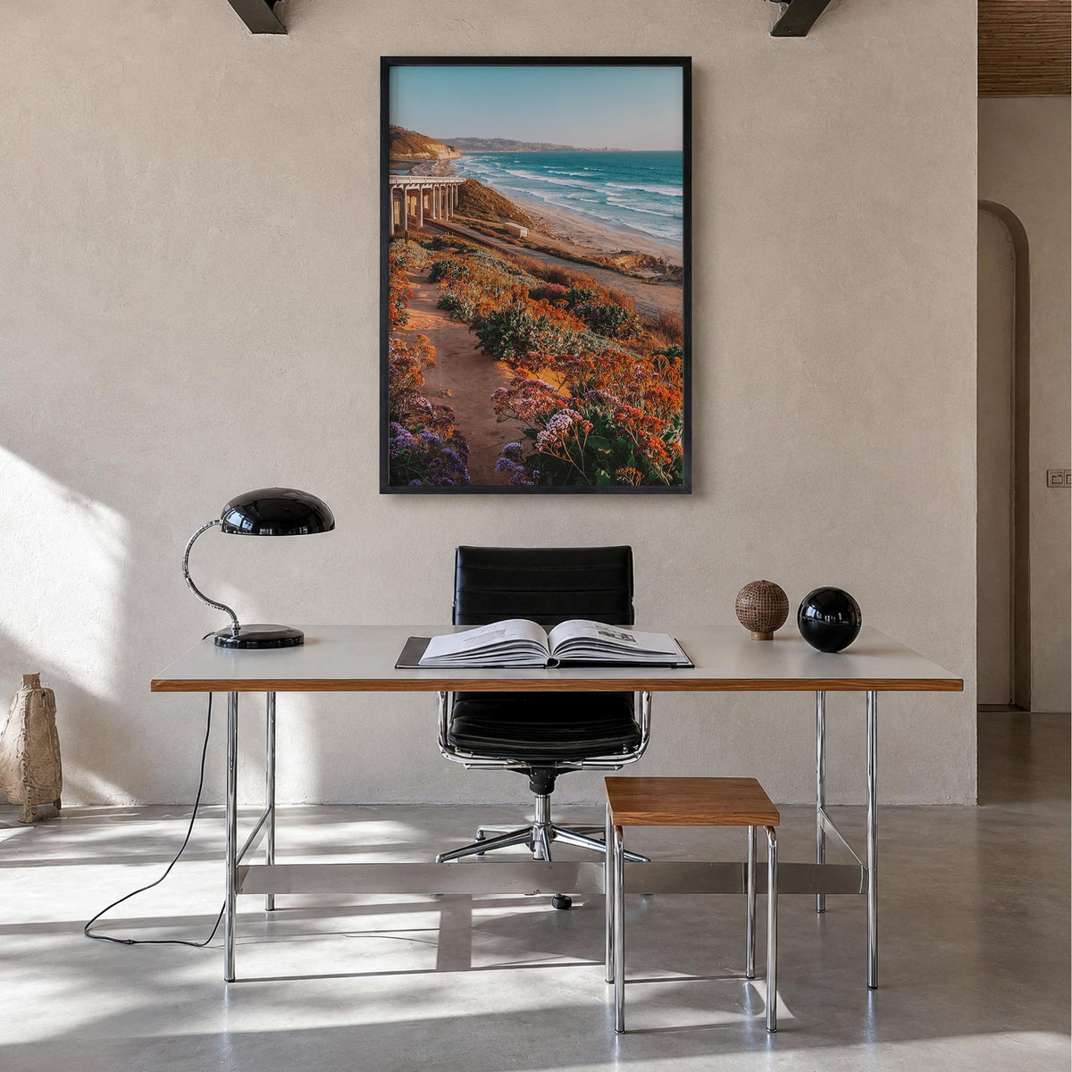 Torrey Pines no. 3 colorful photo poster of San Diego, California – vertical wall art in black wood frame, hanging on wall