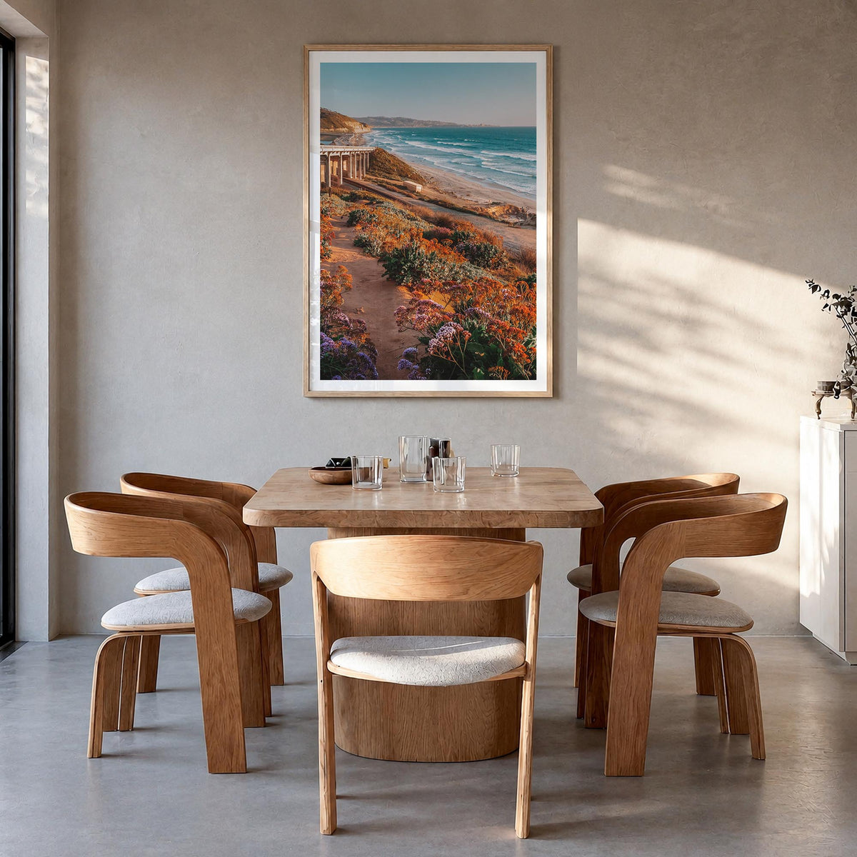 Torrey Pines no. 3 colorful photo poster of San Diego, California – vertical wall art in natural wood frame with white border