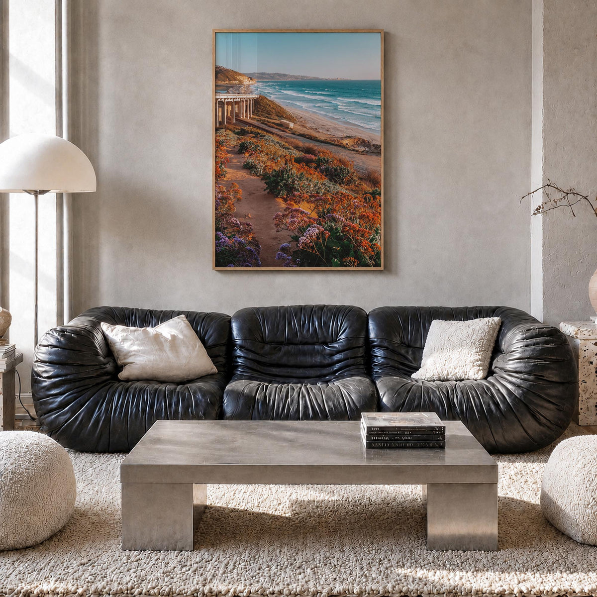 Torrey Pines no. 3 colorful photo poster of San Diego, California – vertical wall art in natural wood frame, hanging on wall