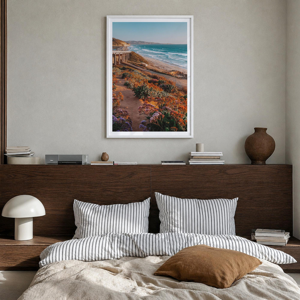 Torrey Pines no. 3 colorful photo poster of San Diego, California – vertical wall art in white wood frame with white border, 