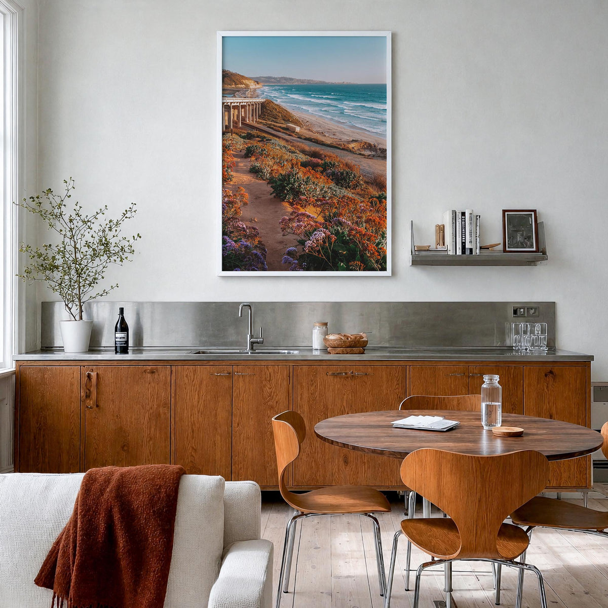 Torrey Pines no. 3 colorful photo poster of San Diego, California – vertical wall art in white wood frame, hanging on wall