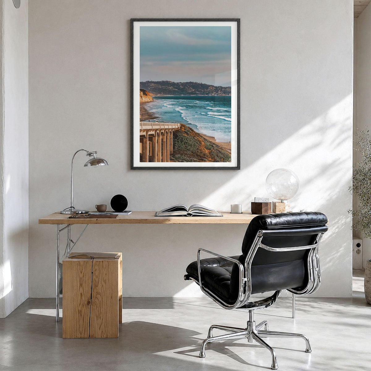 Torrey Pines Photo No 1 Poster in a black wood frame, hanging in a bright home office, white border