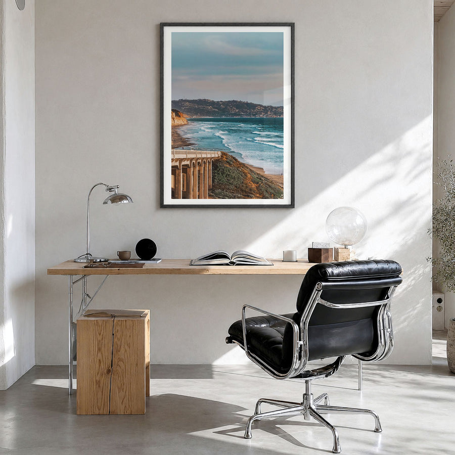 Torrey Pines Photo No 1 Poster in a black wood frame, hanging in a bright home office, white border