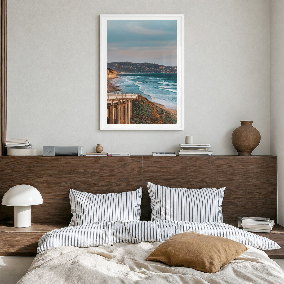 Torrey Pines Photo No 1 Poster in a white wood frame, hanging in a bedroom, white border