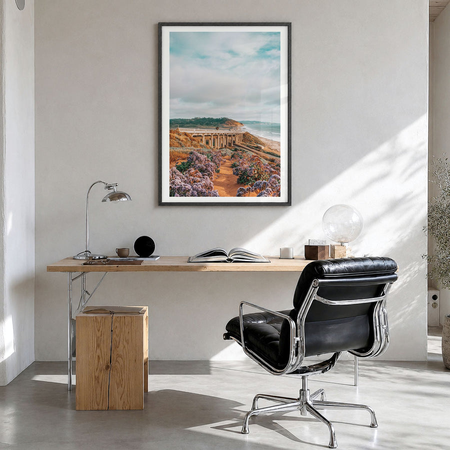 Torrey Pines Photo No 2 Poster in a black wood frame, hanging in a bright home office, white border