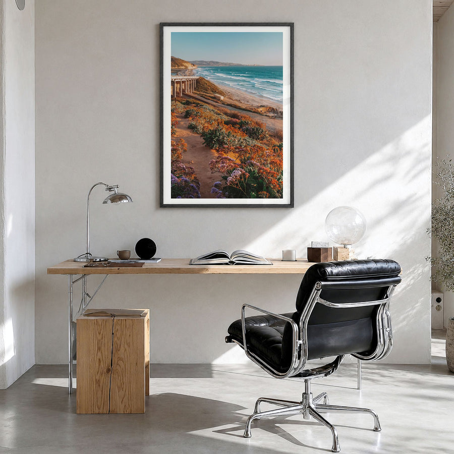 Torrey Pines Photo No 3 Poster in a black wood frame, hanging in a bright home office, white border