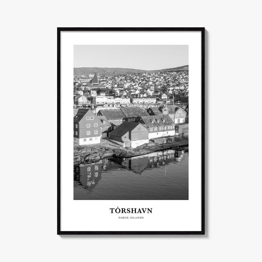 Tórshavn black & white classic poster of Faroe Islands – vertical wall art, unframed print shown in interior mockup