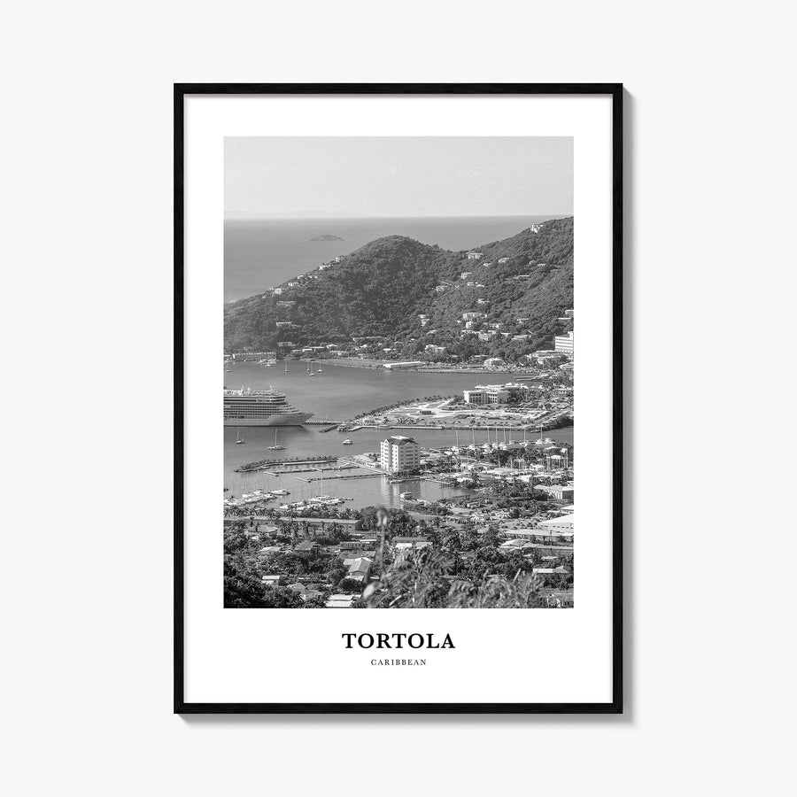 Tortola black & white classic poster of British Virgin Islands – vertical wall art, unframed print shown in interior mockup