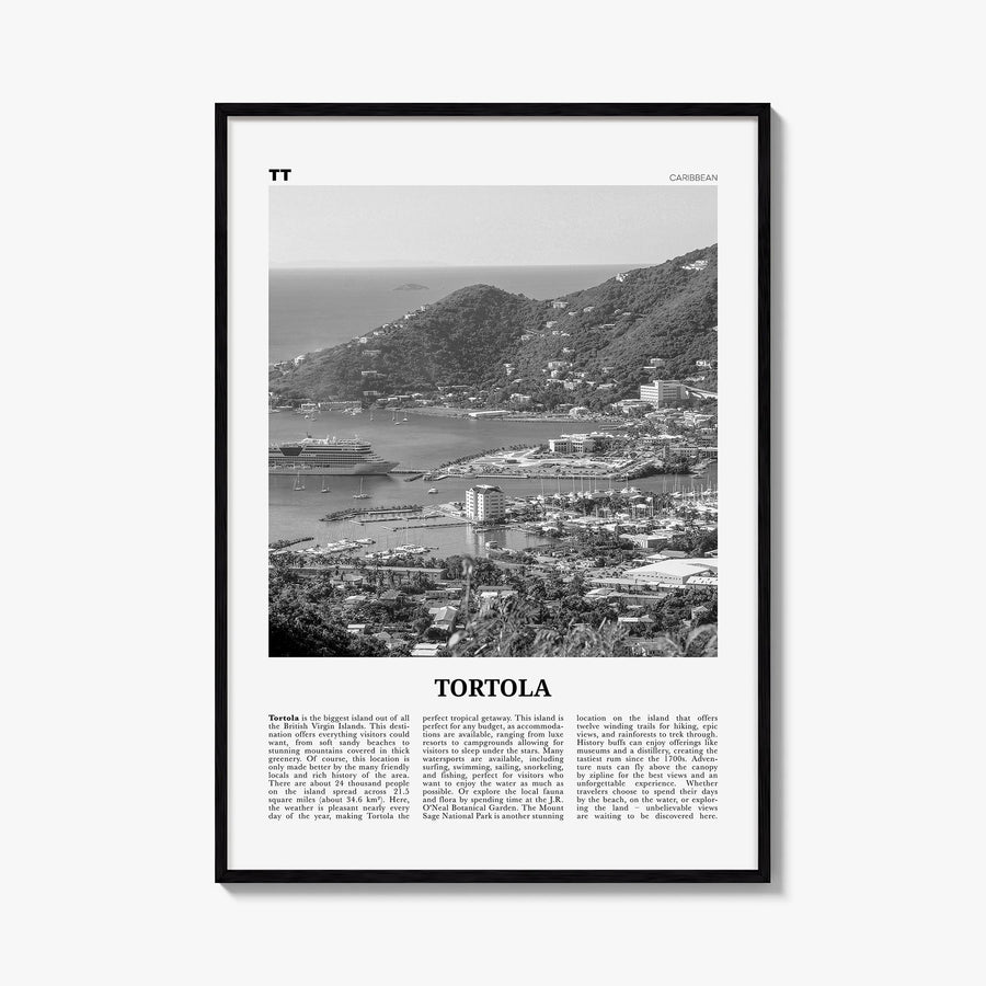 Tortola black & white newspaper poster of British Virgin Islands – vertical wall art, unframed print shown in interior mockup