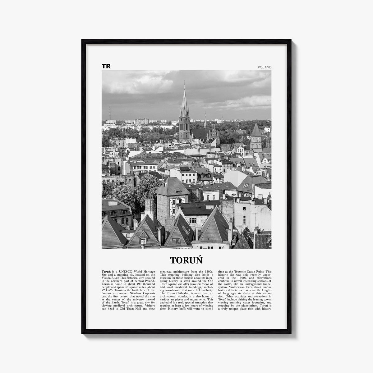 Toruń black & white newspaper poster of Poland – vertical wall art, unframed print shown in interior mockup