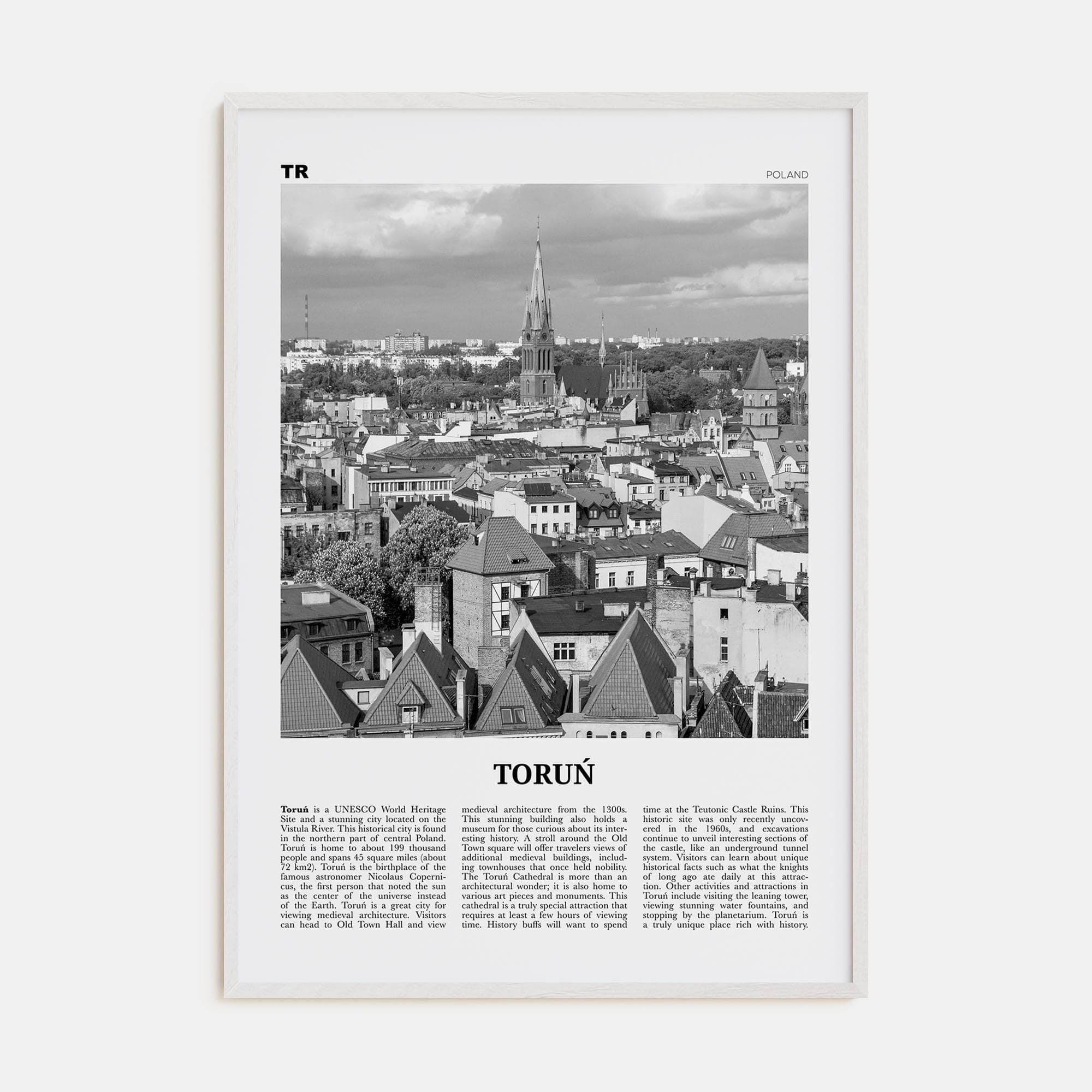 Toruń Poster White Wood / 8x12 in Nbourhood Travel B&W Poster