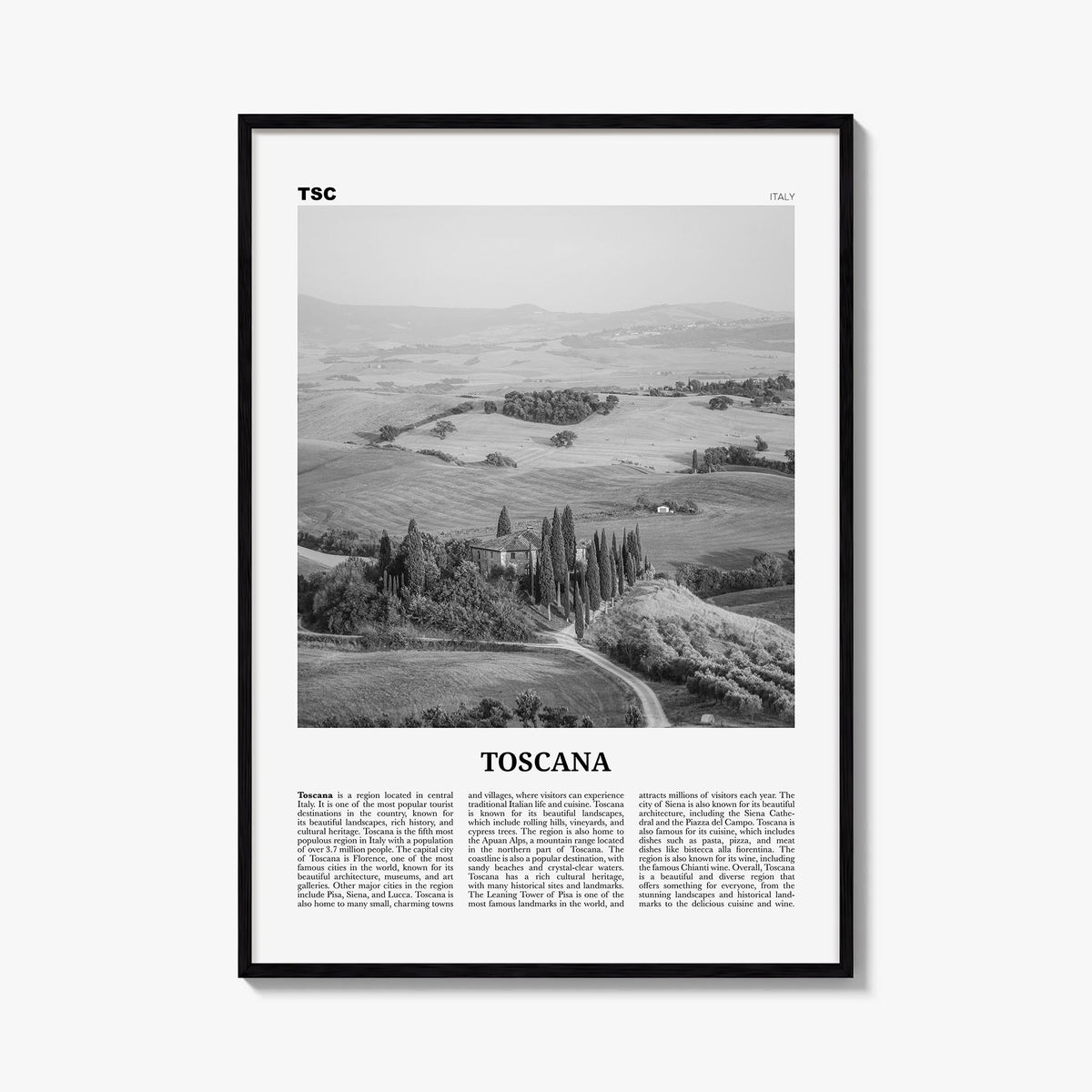 Tuscany no. 1 black & white newspaper poster of Toscana, Italy – vertical wall art, unframed print shown in interior mockup
