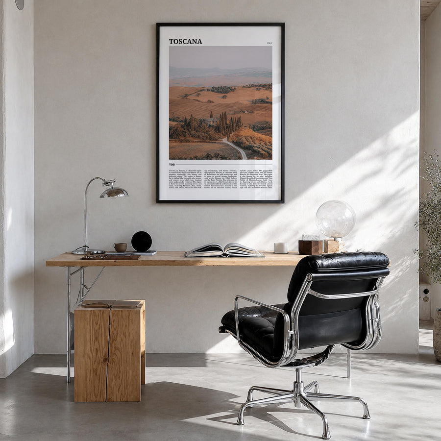 Toscana colorful travel poster of Toscana, Italy – vertical wall art in black wood frame, hanging on wall