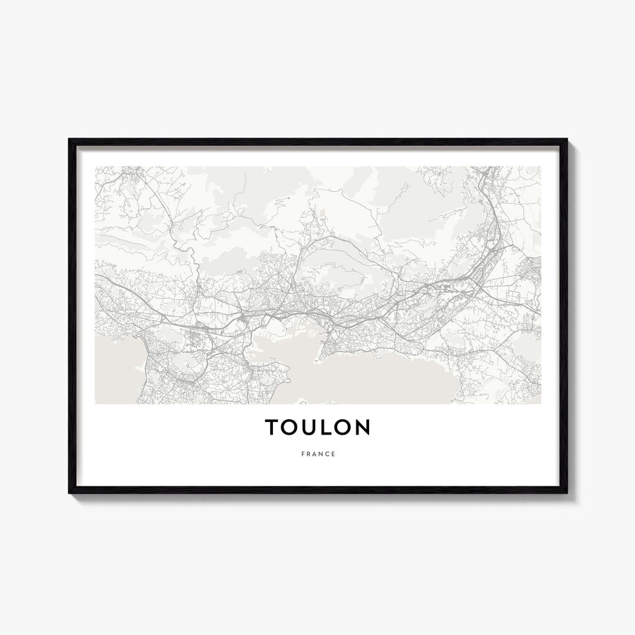 Toulon black & white map poster of France – horizontal wall art, unframed print shown in interior mockup