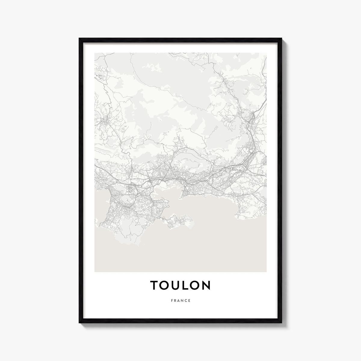 Toulon black & white map poster of France – vertical wall art, unframed print shown in interior mockup